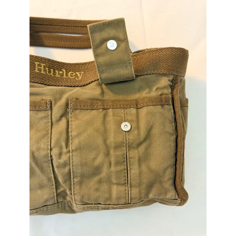 Hurley Canvas Tote Bag Olive Green Utility Multi Pocket Heart Print Lining